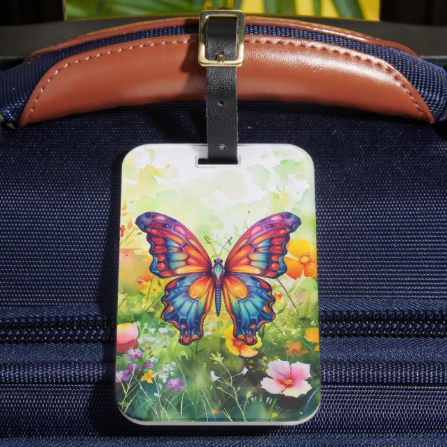 Butterfly Blue Orange Wings Luggage Tag (Front Insitu 2)
