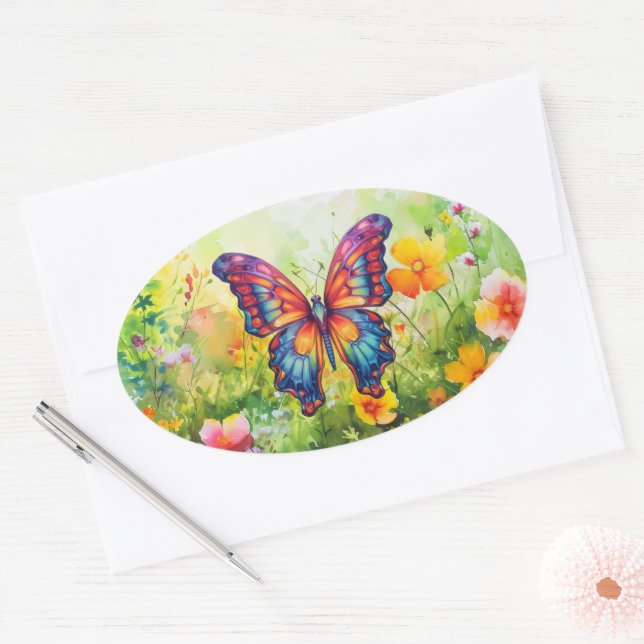 Butterfly Blue Orange Wings Oval Sticker (Envelope)