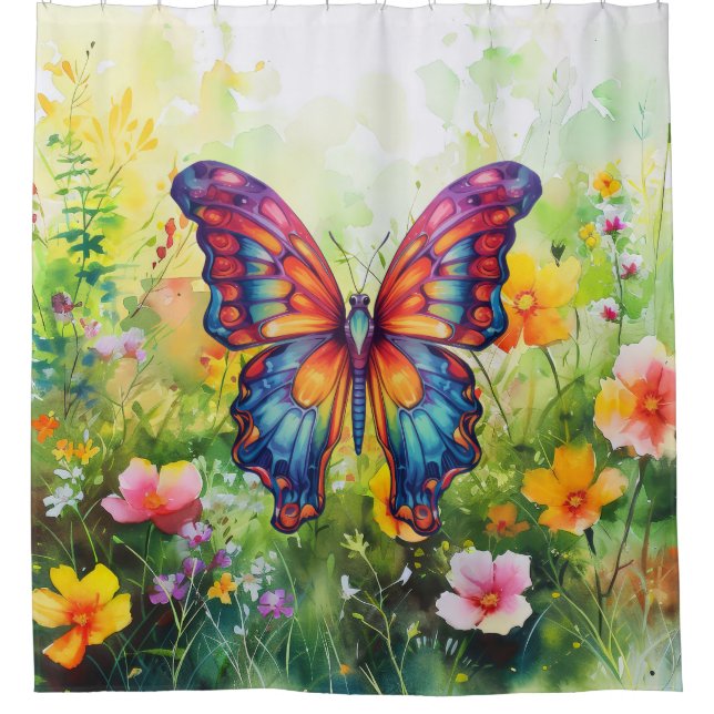 Butterfly Blue Orange Wings Shower Curtain (Front)