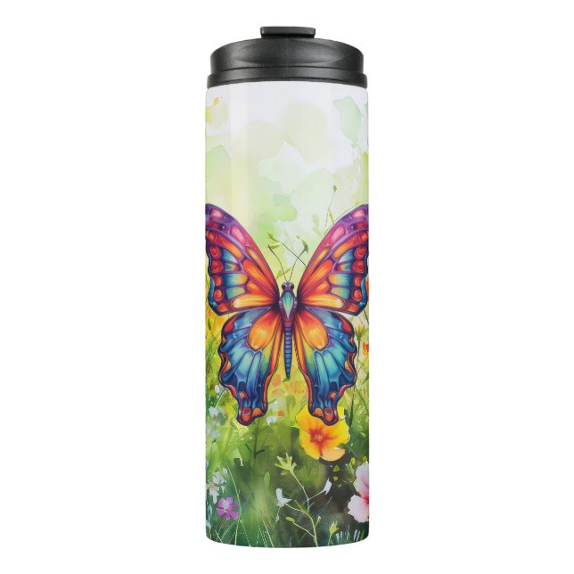 Butterfly Blue Orange Wings Thermal Tumbler (Front)