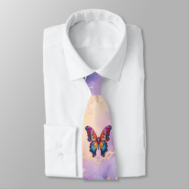 Butterfly Blue Orange Wings Tie (Tied)