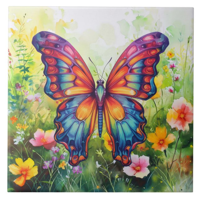 Butterfly Blue Orange Wings Tile (Front)
