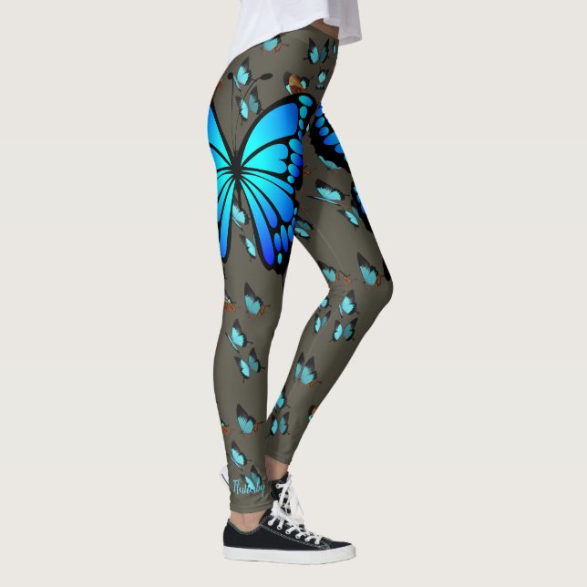 Butterfly Blue Teal on Grey Leggings S to XL (Right)