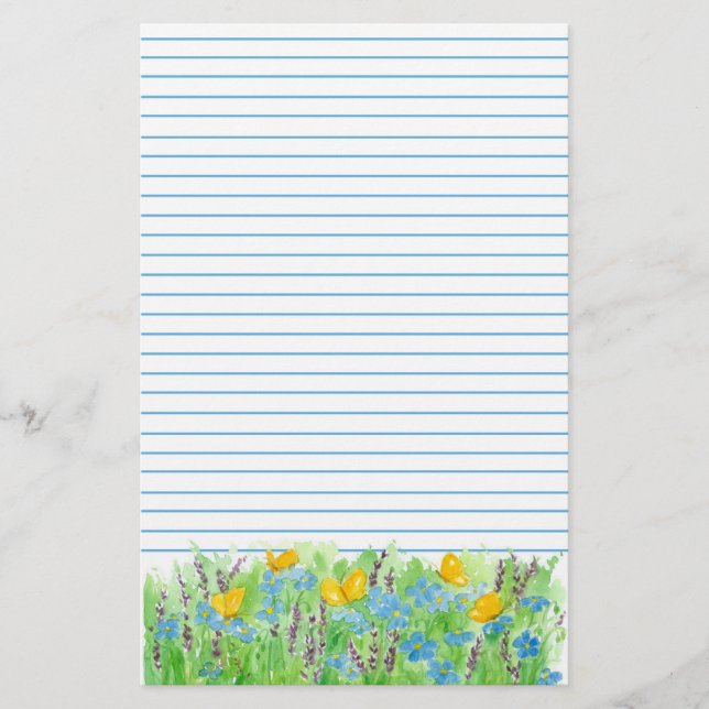 Butterfly Blue Watercolor Flowers Lined Stationery (Front)