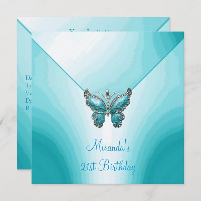 Butterfly Blue White Abstract 21st Birthday Invitation (Front/Back)