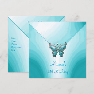 Butterfly Blue White Abstract 21st Birthday Invitation