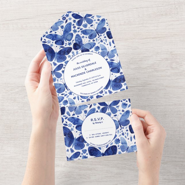 Butterfly Blue White All In One Invitation (Tearaway)