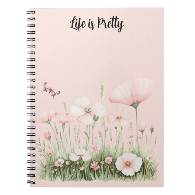 Butterfly Blush Pink Flowers Notebook (Front)