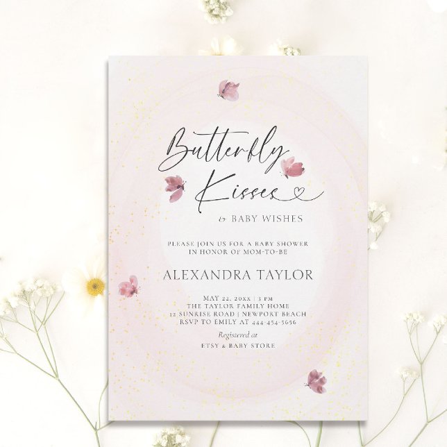 Butterfly Blush Tender Watercolor Baby Girl Shower Invitation (butterfly baby shower theme girl invitation watercolor whimsical sprinkles garden tea backyard)