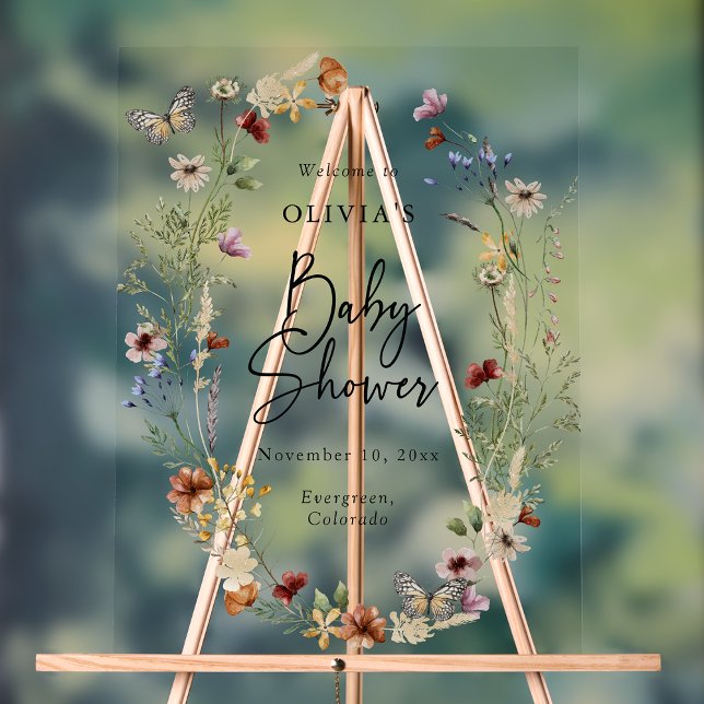 Butterfly Boho Baby Shower Acrylic Sign (Butterfly Floral Boho Baby Shower Acrylic Welcome Sign
by Painted Paperie)