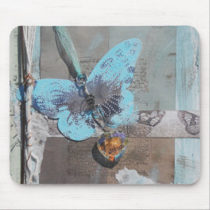 Butterfly Boho Chic Blue Heart Dream Mouse Mat