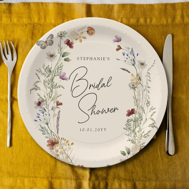 Butterfly Boho Fall Wildflowers Bridal Shower Paper Plate (Creator Uploaded)