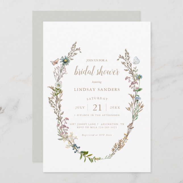 Butterfly Boho Foliage Wreath Bridal Shower Invitation (Front/Back)