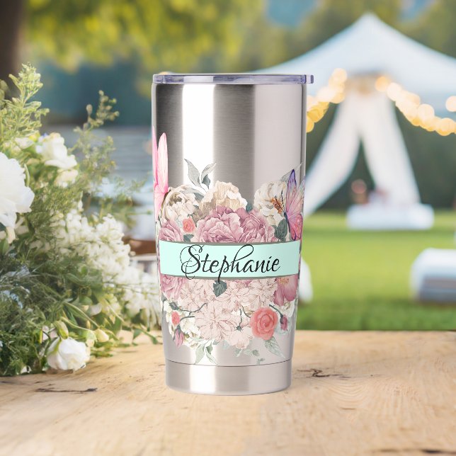 Butterfly Botanicals Personalised Elegant Flowers Insulated Tumbler (Wedding)