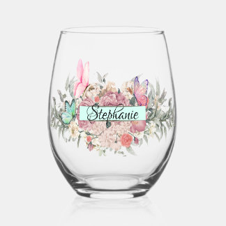 Butterfly Botanicals Personalised Elegant flowers Stemless Wine Glass