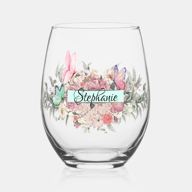 Butterfly Botanicals Personalised Elegant flowers Stemless Wine Glass (Front)