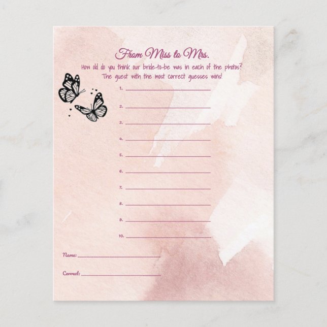 Butterfly Bridal Shower Age Game (Front)