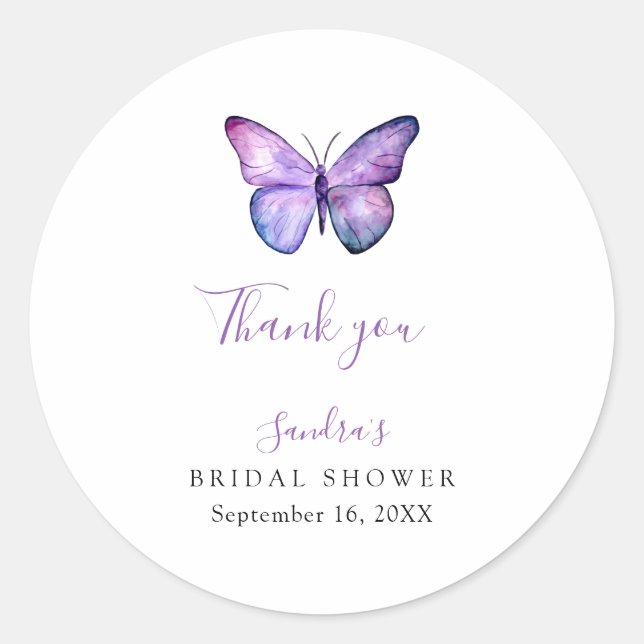 Butterfly Bridal Shower Elegant Thank you Script  Classic Round Sticker (Front)
