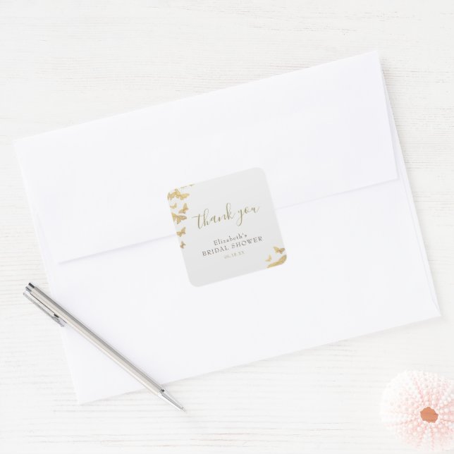 Butterfly Bridal Shower Gold Glitter Thank You Square Sticker (Envelope)