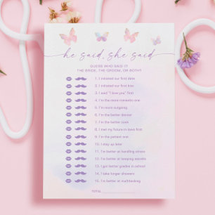 Butterfly Bridal Shower He Said She Said Game Card