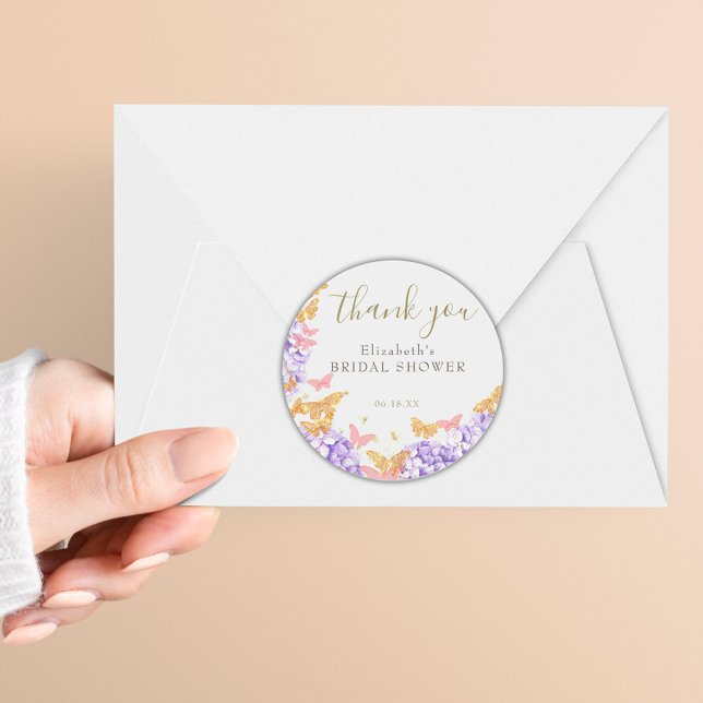 Butterfly Bridal Shower Hydrangea Gold Thank You Classic Round Sticker (Creator Uploaded)