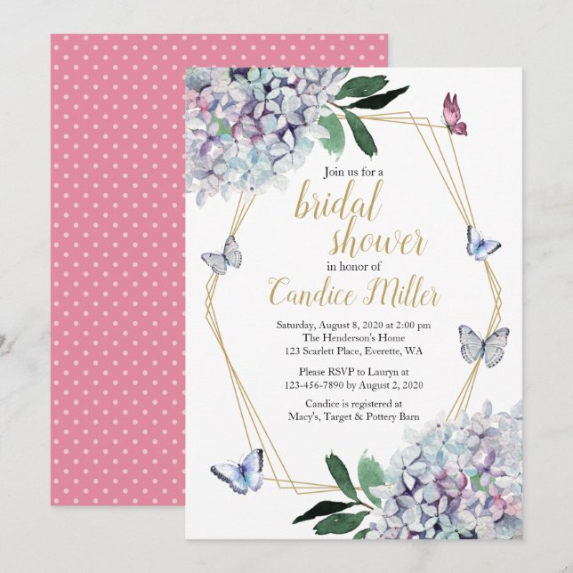 butterfly bridal shower invitation pink hydrangea (Front/Back)