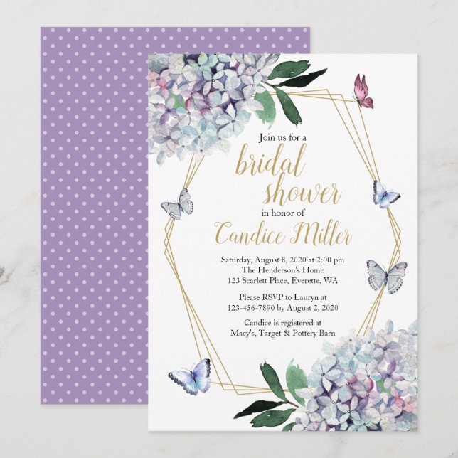 butterfly bridal shower invitation purple lavender (Front/Back)