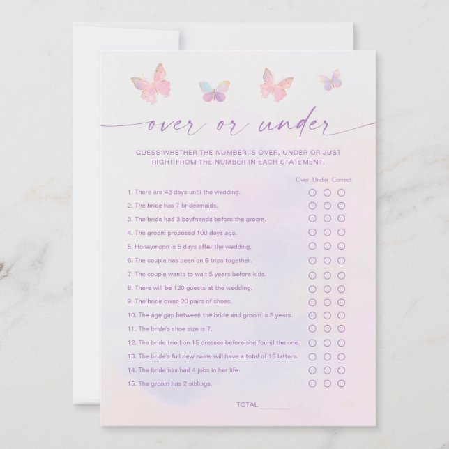 Butterfly Bridal Shower Over or Under Game Card (Front)