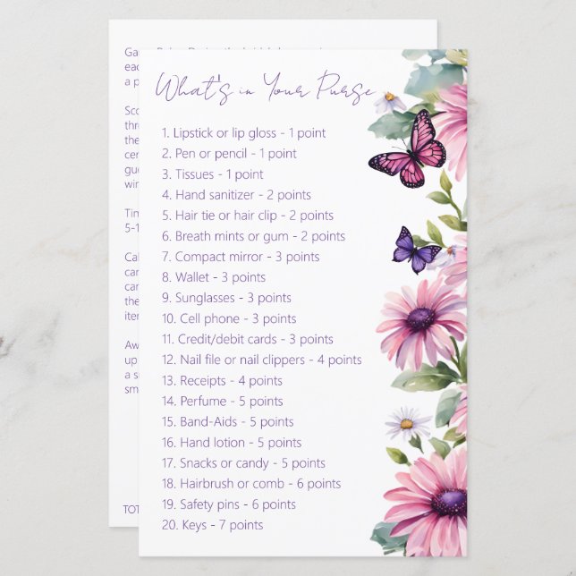 Butterfly bridal shower what's in your purse game (Front/Back)