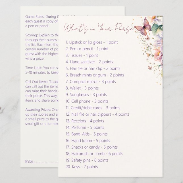 Butterfly bridal shower what's in your purse game (Front/Back)