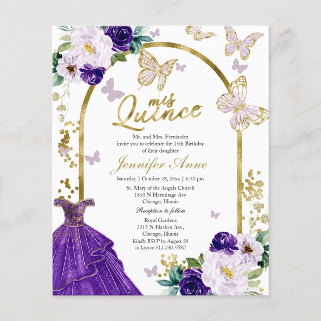 Butterfly Budget Quince Invitations Purple Dress (Front)