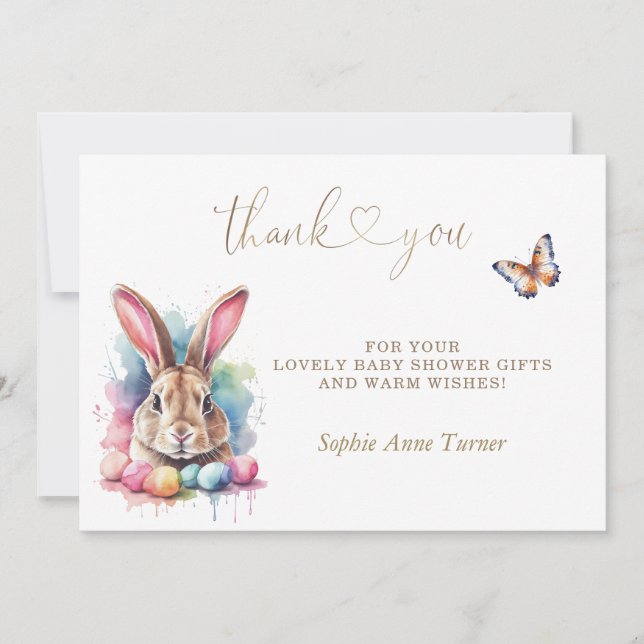 Butterfly Bunny Eggs Baby Shower Calligraphy  Thank You Card (Front)