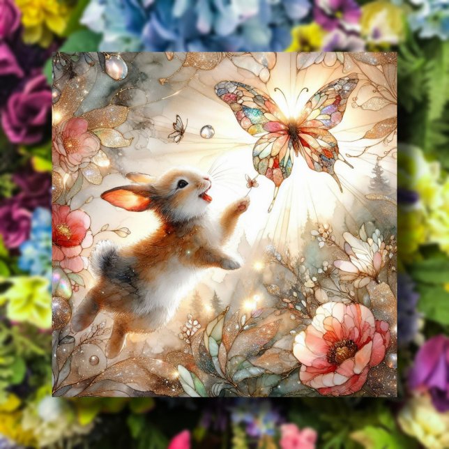 Butterfly Bunny Peach Gold Stained Glass Easter  Holiday Card (Creator Uploaded)