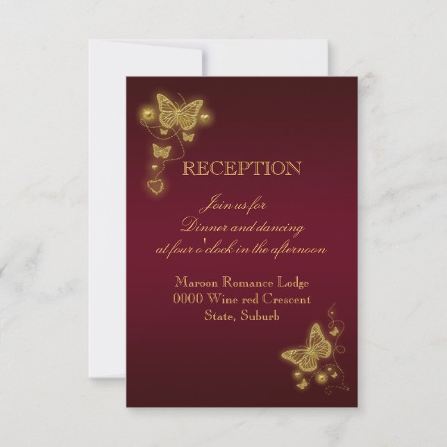 Butterfly burgundy gold wedding reception PORTRAIT Invitation (Front)
