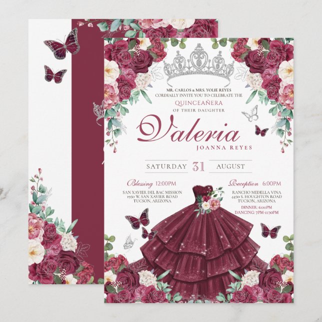 Butterfly Burgundy Red Silver Floral Quinceañera Invitation (Front/Back)