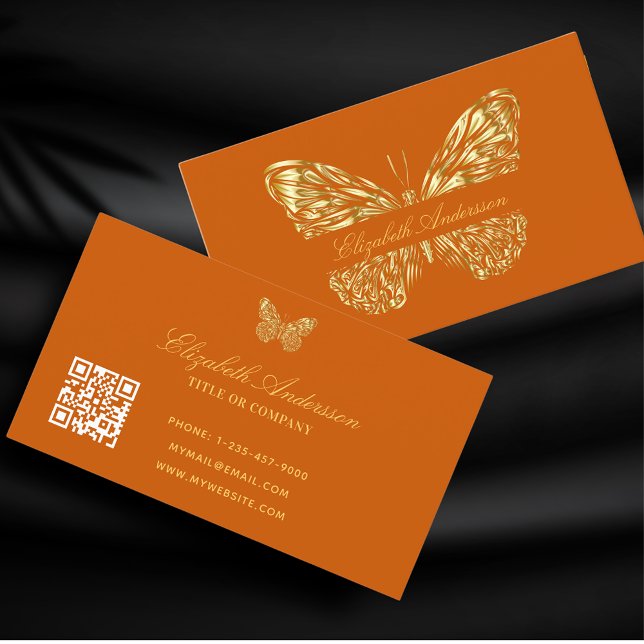 Butterfly burnt orange gold QR code elegant Business Card (Creator Uploaded)