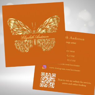 Butterfly burnt orange gold QR code elegant script Square Business Card