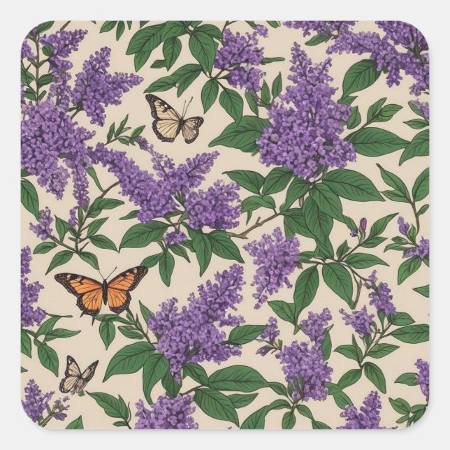 Butterfly bush purple flowers and butterflies square sticker (Front)