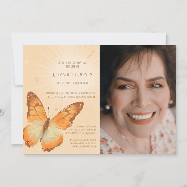 Butterfly Celebration of Life With Photo Funeral Invitation (Front)