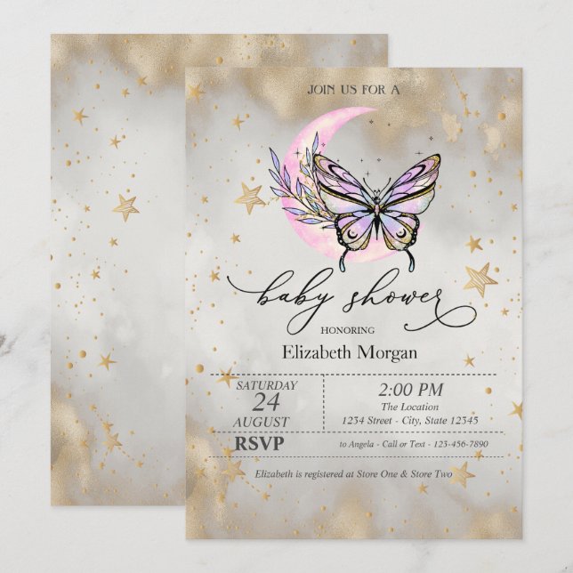 Butterfly Celestial Moon Stars Baby Shower  Invitation (Front/Back)