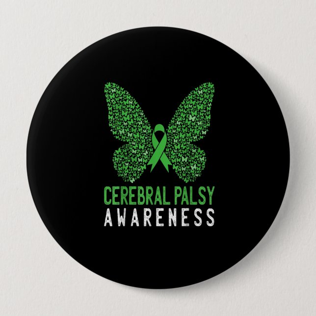 Butterfly Cerebral Palsy Awareness Green Ribbon 10 Cm Round Badge (Front)