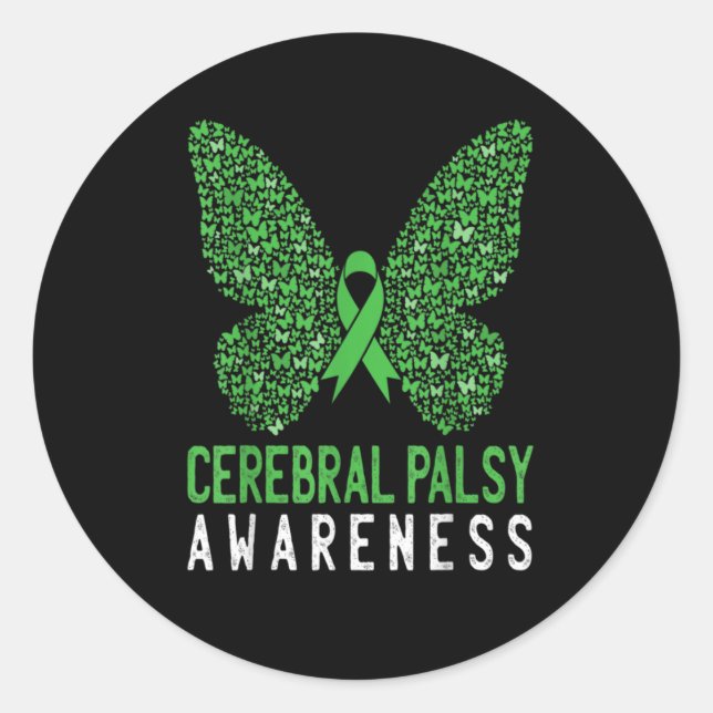 Butterfly Cerebral Palsy Awareness Green Ribbon Classic Round Sticker (Front)