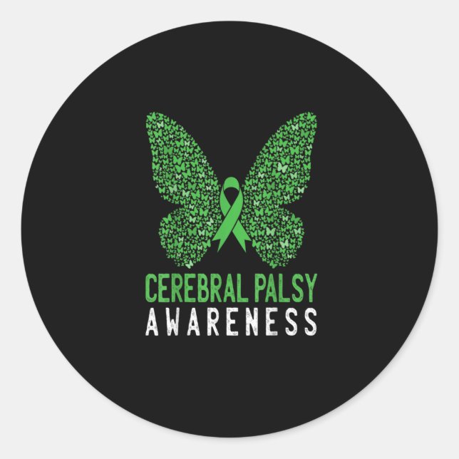 Butterfly Cerebral Palsy Awareness Green Ribbon Classic Round Sticker (Front)