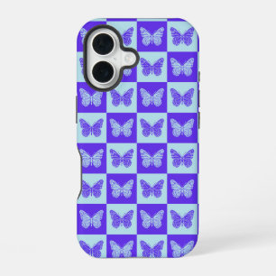 Butterfly Chequered Pattern in Blue and Purple iPhone 16 Case