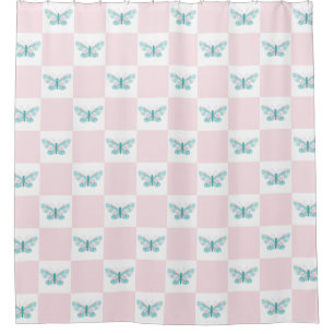 Butterfly chequered pink teal blue Shower Curtain