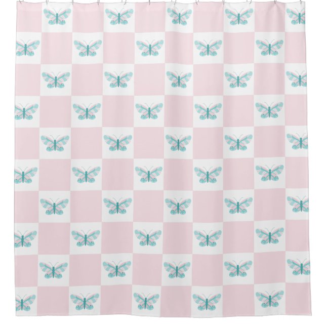 Butterfly chequered pink teal blue Shower Curtain (Front)