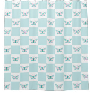 Butterfly chequered teal blue Shower Curtain