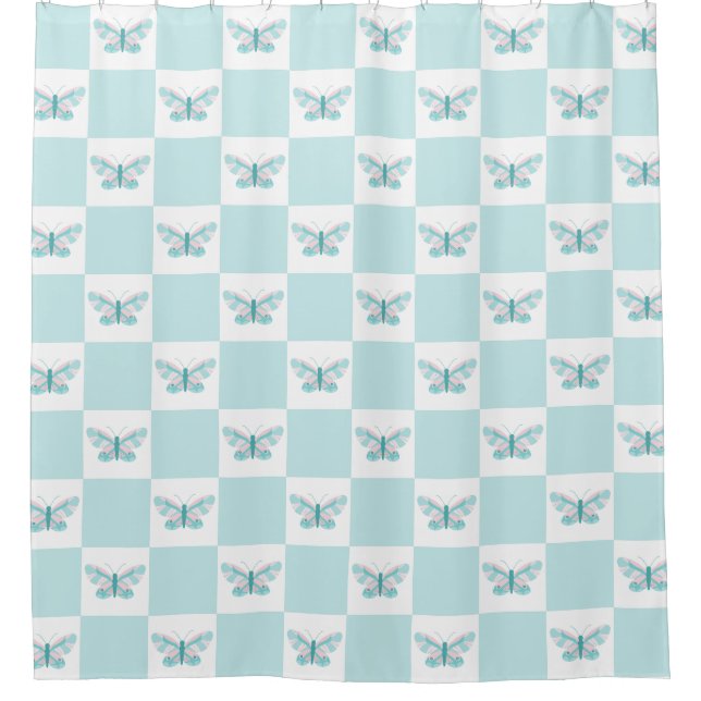 Butterfly chequered teal blue Shower Curtain (Front)