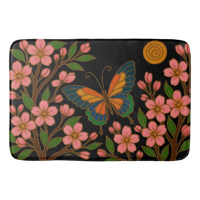 Butterfly Cherry Blossom Moon Bath Mat (Front)
