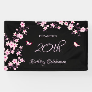 Butterfly Cherry Blossoms Pink Black Banner